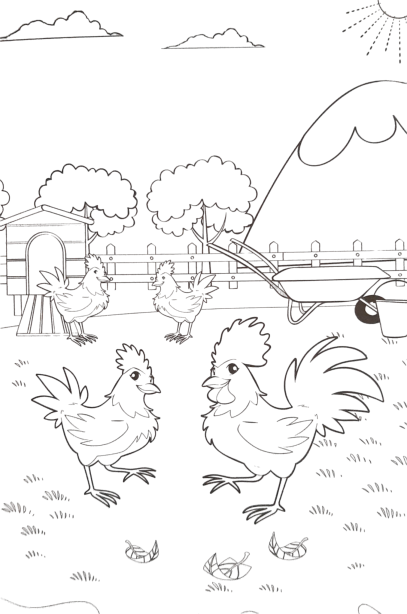 4 chickens on the farm printable coloring page