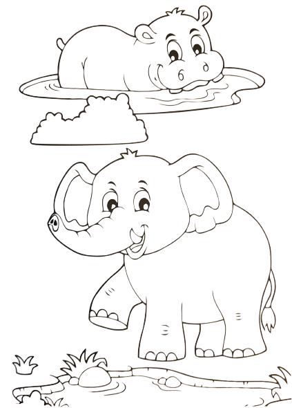 An elephant and a hippopotamus coloring worksheet